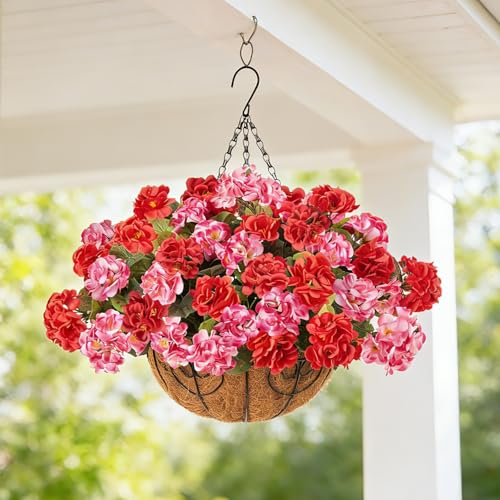 INSPRING Geraniums Artificial Flowers Hanging Basket for Outdoors Outside Spring Decoration, 8 Bundles Silk Flowers Fake Plants Look Real UV Resistant for Porch Home Patio Balcony Yard, Red Pink - color: Red Pink