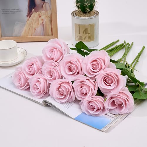 60 PCS Fake Dusty Pink Roses, Artificial Burgundy Flowers Bulk Realistic Silk Faux Rose with Stems for Wedding Decoration Anniversary Bridal Bouquet DIY Floral Arrangement Romantic Home Decor Gifts - color: Dusty Pink
