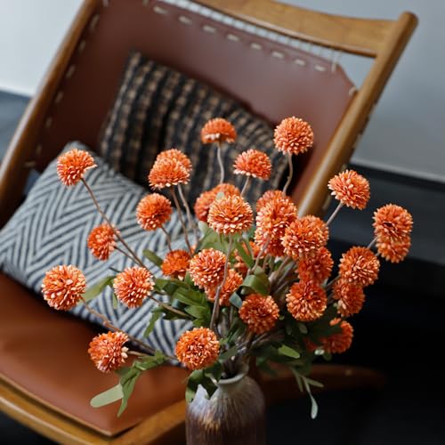 6 Pcs Fall Artificial Flowers Faux Silk Pompon Mum, Orange Silk Small Mini Chrysanthemum Ball with Long Stems, for Autumn Table Centerpieces Decor, Decoración de Otoño, No Vase - color: Orange