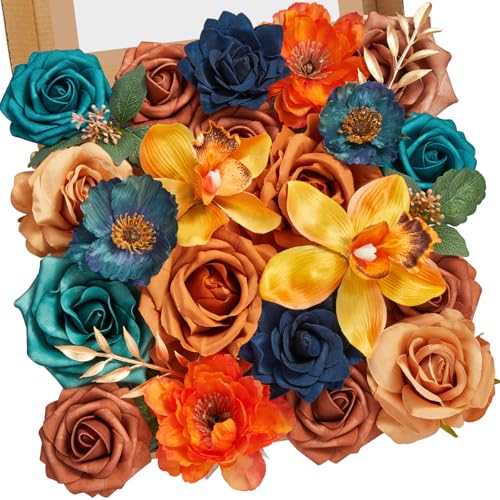 Serwalin Teal Burnt Orange Artificial Flowers, Fake Silk Cake Flowers for DIY Wedding Bridal Bouquet Centerpieces Floral Arrangement Decor Party Baby Shower Fall Home Decor - color: B Teal Orange, size: 1 Box