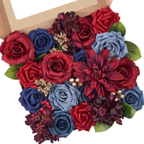 Serwalin Artificial Flowers Fake Cake Flowers Burgundy Navy Dahlia Flowers Box Set for DIY Wedding Bouquets Centerpieces Arrangements Party Baby Shower Home Decor - color: Burgundy Navy Dahlia, size: 1 Box
