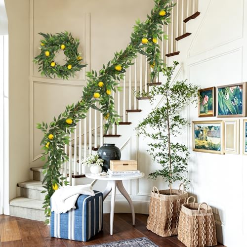 RECUTMS 2Pcs 5.9Ft Artificial Ivy Vines with Lemon and Willow Eucalyptus Italian Ruscus Fern Leaves Fake Rattan Greenery Indoor Outdoor Home Wall Patio Garland Wedding Bar Beach Summer Decor - color: Willow Garland With Lemon