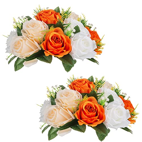 NUPTIO Flower Balls for Wedding Centerpieces: 9.5 Inch Diameter Orange Artificial Flower Ball Arrangement Bouquet Fall Party Table Decor - Fake Rose Autumn Weddings 2 Pcs - color: Orange & White, size: 2 Pcs