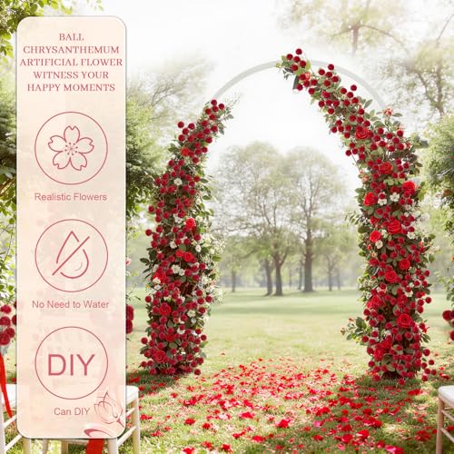 INQCMY Artificial Flowers 12 Pcs Fake Chrysanthemums Faux Kiku Flower Long Stem 20" Realistic Silk Pompon Mums for Vase Wedding Bouquets Centerpieces Home Decor (Red) - color: Red