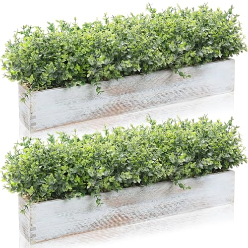 Lyrow 2 Pack Artificial Eucalyptus Plant in Rustic Rectangular Wooden Planter Box Greenery Faux Potted Herb Plant for Indoor Wedding Table Centerpiece(Green,24 x 3.7 x 3.7 Inches,Classic Style) - color: White, size: 24 Inch, style: White Frosted Pointed L
