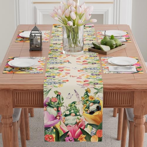 XCHI Tulips Gnomes Flowers Spring Table Runner Summer Table Decoration for Party Home Kitchen Dining Holiday Decor 13x72 Inch - size: 13x72 Inch