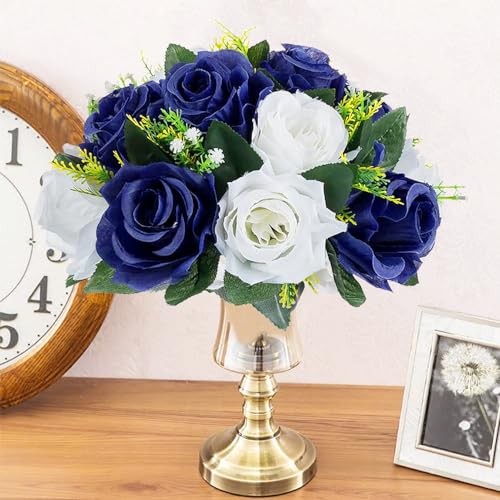 10Pcs Fake Flower Ball Arrangement Bouquet, 9.5" 15 Heads Plastic Roses with Base,Suitable for Parties Valentine's Day Wedding Centerpiece Flower Rack and Home Décor (Navy Blue & White) - color: Navy Blue & White
