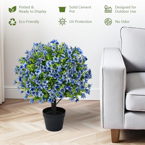 24" Artificial Potted Plants Outdoor Set of 2, UV Resistant Faux Blue Daisy Mums Flowers with Eucalyptus, Decorative Plants in Pots for Front Porch, Patio & Entryway - color: Blue, size: 24in Daisy Eucalyptus