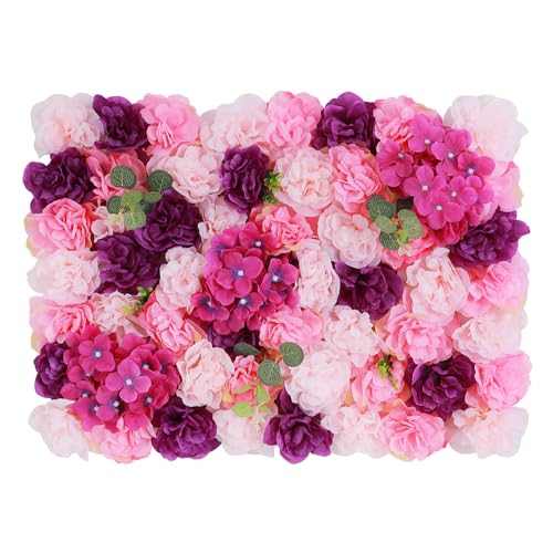 Flower Wall Panel Floral Backdrop, 6 Pcs Flower Wall Decor, 24" X 16" Silk Artificial Flowers Backdrop Faux Rose Panel for Wedding, Party, Home (Pink+Purple) - color: Pink+purple