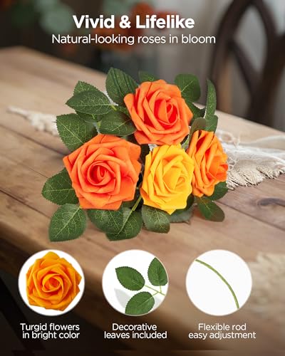 InnoGear Artificial Flowers, 50 Pcs Shades of Orange Foam Fake Roses Bulk with Stems for Autumn Fall Decoration DIY Wedding Bouquets Centerpieces Bridal Shower Party Christmas Tree - color: Shades of Orange