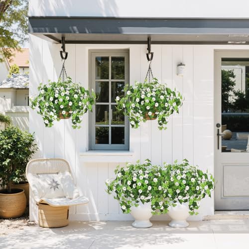 Krissing 2 Pack Artificial Hanging Flowers with Baskets for Outdoors UV Resistant Fake Ivy Plants Greenery Faux Silk Daisy Flowers for Outdside Garden Porch Balcony Summer Home Decor (White) - color: White, size: 6pcs with 2 baskets