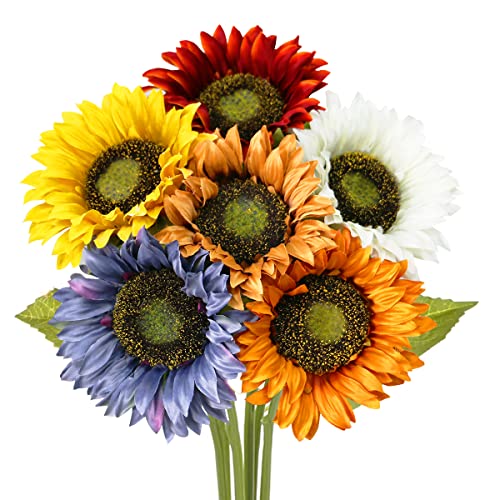 Olrla Long Stem Artificial Sunflower for Tall Vase, Silk Fake Fall Sunflowers for Home Wedding Party Decoration (6 Mixed Colors) - color: Mixed Color-long Stem
