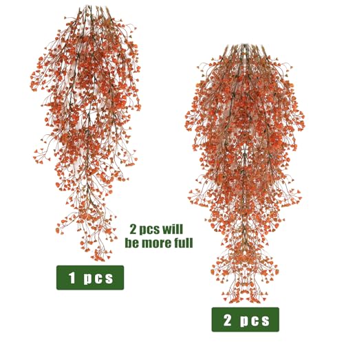 RECUTMS Fall Artificial Hanging Plants 4 Pcs Autumn Fake Ferns Artificial Plants Large Faux Hanging Plant Wall Thanksgiving Room Home Garden Wedding Party Indoor Outdoor Decor(Fall Orange) - color: Orange