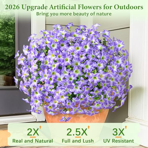 MARTINE MALL 12 Bundles Look Real Artificial Flowers for Outdoors, Realistic Fake Outdoor Flowers, UV Resistant Silk Petunia Flowers for Outside Faux Flowers for Outdoor Garden, Purple - color: Light Purple, size: 12 Bundles