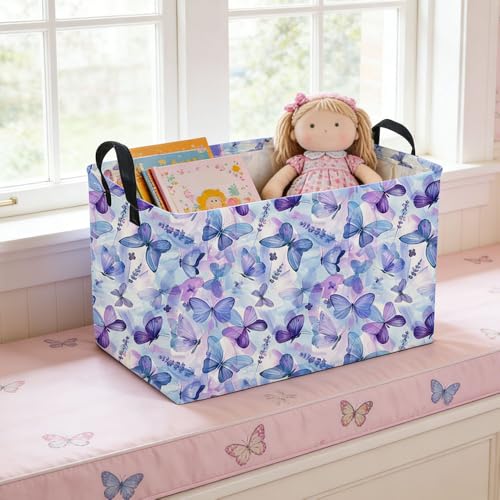 Rectangular Purple Butterfly Baskets,Foldable Waterproof Outdoor Purple Gift Basket with Handle,Baby Storage Basket,Girls Baskets,Butterfly Room Decor(Cute Butterfly) - color: Cute Butterfly