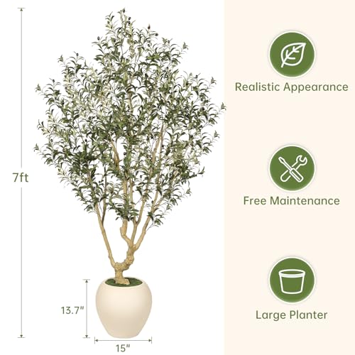 Realead Faux Olive Tree 7FT - Large Olive Trees Artificial Indoor with 15in Exquisite Planter - Tall Fake Olive Tree with Natural Trunk and Lifelike Leaves for Large Spaces & Elegant Home Office Decor - size: 7ft