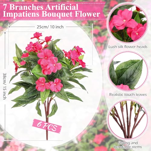 Wavwavw 6 Pcs Artificial Impatiens Bouquet Flowers for Outdoors 15 Inch Silk Flowers Greenery Artificial Impatiens for Outdoor Patio Lawn Garden Balcony Pot Hanging Basket Porch Decoration(Rose Red) - color: Rose Red