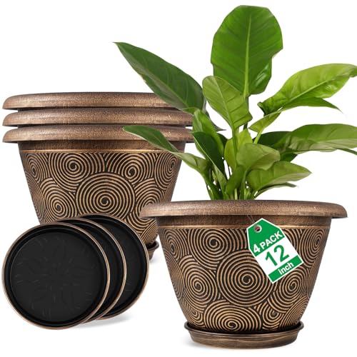 Fodetyff 12 Inch Large Planter Pot for Plants Indoor Outdoor, 4 Pack Plastic Flower Pots with Drainage Hole & Tray, Modern Decorative Garden Pot with Saucer, Plant Container for House - color: Gold, size: 12 inch-4 pack