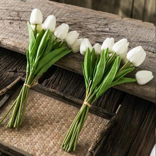 Tanvecle 20pcs White Artificial Tulip Flowers, Silk Fake Flowers 13" for Mother's Day, Easter, Valentine’s Day Gifts in Bulk, Home, Kitchen, Wedding Decorations - color: White
