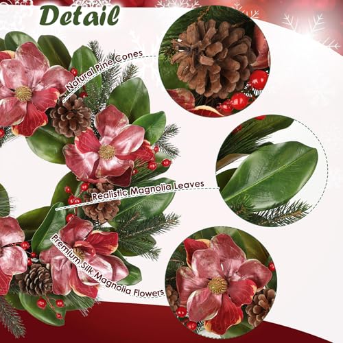 Briful 24in Christmas Magnolia Flower Wreath for Front Door Artificial Red Magnolia Floral Wreath with Pine Cones Berries Outdoor Christmas Wreath for Xmas Home Room Wall Window Mantle Decor - color: 24in Wreath