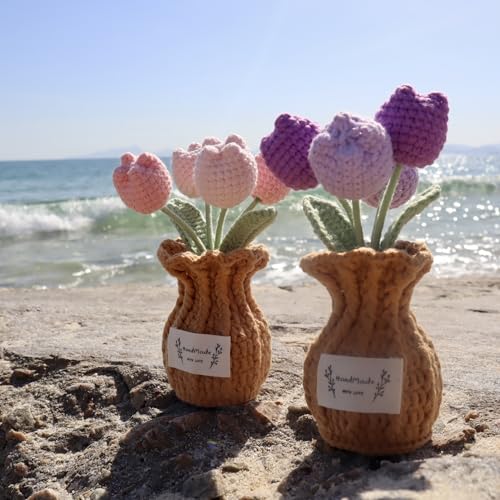Tulip Crochet Flower Potted Plant Handmade Desk Decor Gift - color: D-tulip-pink