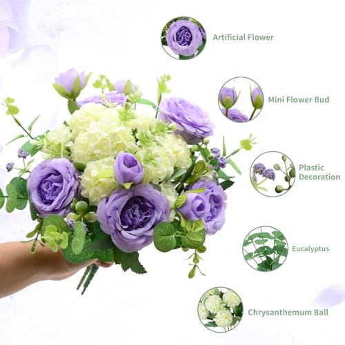 Artificial Flowers Bouquet, Purple Silk Peonies Chrysanthemum Mixed Bouquet with Eucalyptus, Artificial Roses Bouquet for Wedding Centerpieces Bridal Bouquet Mohter's Day Valentine's Day Home Decor - color: Purple