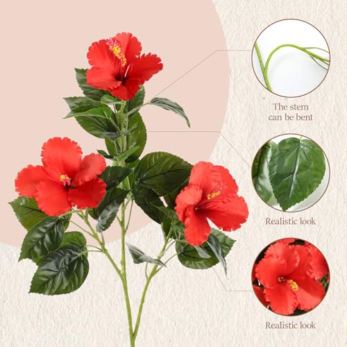 Hotop 3 Pack Artificial Hibiscus Flowers 33"x13" Silk & Plastic Tropical Bouquets Lifelike Blooms with Bendable Stems Faux Hawaiian Flowers for Home Living Room Wedding Patio (Red) - color: Red