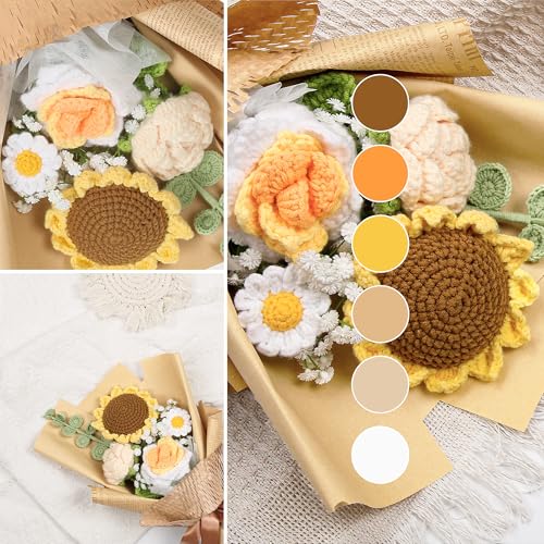 Crochet Flower Bouquet, Handmade Knitted Sunflower Faux Crochet Flower for Home Decor Valentine’s Day Anniversary Weddings Birthdays Mother’s Day, Includes Gift Bag and Greeting Card (Yellow) - color: Yellow