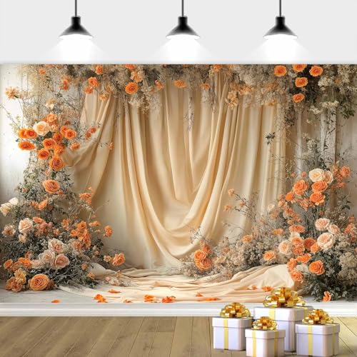 5X3ft Floral Photography Backdrop, Retro Flowers Backdrop Dreamlike Wedding Portrait Photo Background Romantic Wedding Birthday Bridal Shower Engagement Party Background Banner Decor, Orange-1 - color: Orange-1, size: 5x3ft