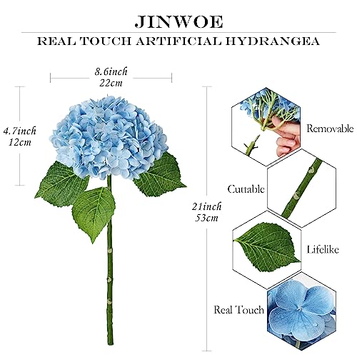 JINWOE Light Blue Flowers Real Touch Artificial Hydrangeas, 3Pcs 21" Large Royal Latex Silk Flowers,Long Stems Fake Flower Bouquet for Centerpieces Table Home Party - color: Blue, size: 3pcs