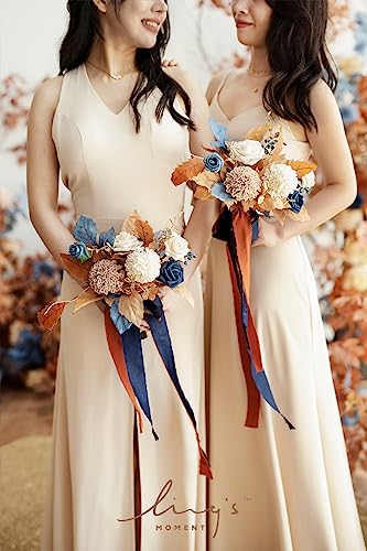 Ling's moment Artificial Bridesmaid Bouquets Set of 6,Brown Wedding Flower Bouquets Navy Blue Floral Bouquet Bridal Bouquets with Ribbon Ceremony Anniversary,7-inch Diameter - color: Or-orange & Navy Blue
