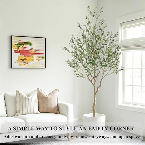 Nafresh Tall Faux Olive Tree，7ft（84in） Realistic Potted Silk Artificial Indoor with Green Leaves and Big Fruits for Home Office Living Room Bedroom Stairs Foyer Decor. - size: 7ft