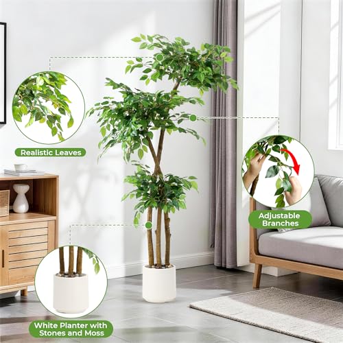 5FT Artificial Ficus Tree with White Planter and Pebbles,Faux Silk Tree with Lifelike Leaves and Realistic Trunk,Tall Fake Potted Plant for Home and Office Décor Indoor and Outdoor (5FT) - size: 5ft