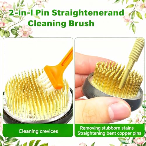 4 Pcs Flower Frog Pin Holder Set - 2 Round & 2 Square (0.9", 1.2", 1.57", 1.97") Floral Arrangement Frogs Vases with Straightener & Cleaning Brush - Ikebana Flower Holder Tools for DIY Crafts