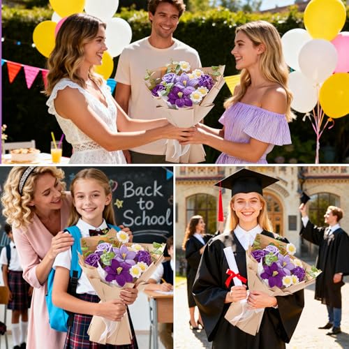 Alecono Crochet Flower Bouquet, Purple Knitted Flowers, Large Knitted Flower for Graduation Anniversary Party Christmas Festival Gifts (Include Card) - color: Lavender, size: X-Large