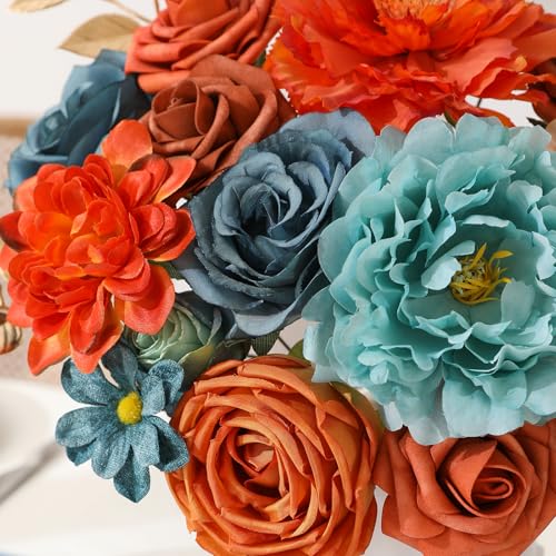 Floweroyal Artificial Flowers Fake Rose Flowers Dahlia with Stems for DIY Wedding Bridal Bouquets, Baby Shower, Floral Arrangement, Table Centerpieces, Home Decorations - color: Orange & Teal