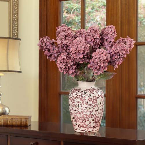 Ttranewsoo Burgundy Hydrangea Artificial Flowers,Fall Hydrangeas Artificial Flowers, Fake Fall Dried Hydrangea Decoration,Faux Silk Flower with Stems Winter Decor(Red Rose 24" 8pcs) Without Vase - color: Rose Red