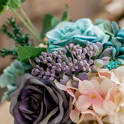 TKAS Artificial Flowers Fake Flowers Silk Rose Bouquets Decoration with Ceramics Vase for Table Home Office Wedding (Mix Color-2) - color: Mix Color-2