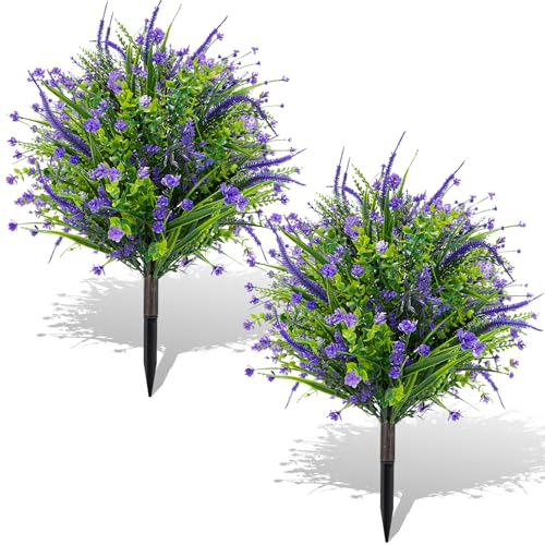 Artificial Boxwood Topiary Ball Trees with Ground Spikes UV Resistant Faux Greenery Shrubs Fake Shrubs for Outdoors, Realistic Faux Plants Bushes for Garden Porch Yard Patio Decor (Purple Flower) - color: Purple Flower