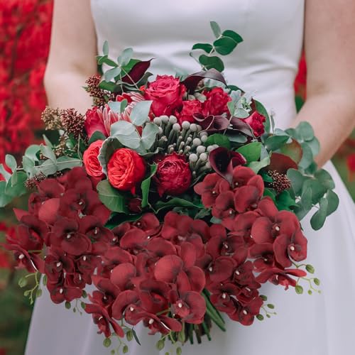 IPOPU 6Pcs Red Orchids Artificial Flowers 37.4" Long Stem Fake Silk Orchid Look Real Flowers for Tall Vase Faux Orchids with 9 Large Blooms for Wedding Home Dining Table Centerpiece Decoration (Red) - color: Red