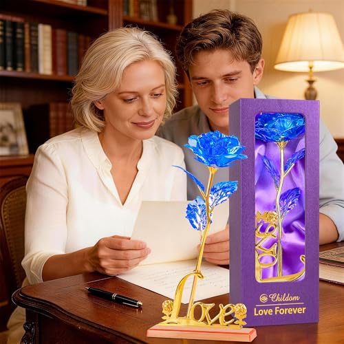 Childom Mothers Day Rose Gifts for Mom,Birthday Gifts for Women,Mothers Day Flowers Gifts for Mom from Daughter Son,Blue Artificial Flower Gift with Love Stand for Wife,Grandma,Daughter,Anniversary - color: Colorful Blue With Love Stand