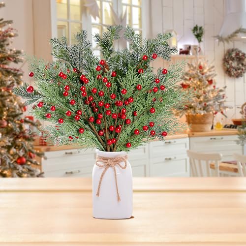 Sggvecsy 30 Pcs Artificial Pine Branches Fake Greenery Pine Picks with Pine Cones Artificial Red Berry Branches Christmas Pine Needles for DIY Wreath Xmas Embellishing Flower Arrangements Decoration
