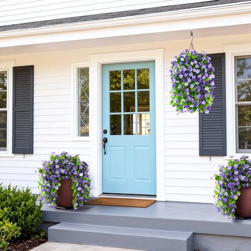 Artificial Fake Hanging Flowers for Outdoors, 2 Pcs Artificial Hanging Plants Outdoors Spring Summer Decor, UV Resistant Faux Violet Silk Flowers for Planters Front Door Yard Garden(Dark Orchid) - color: Dark Orchid