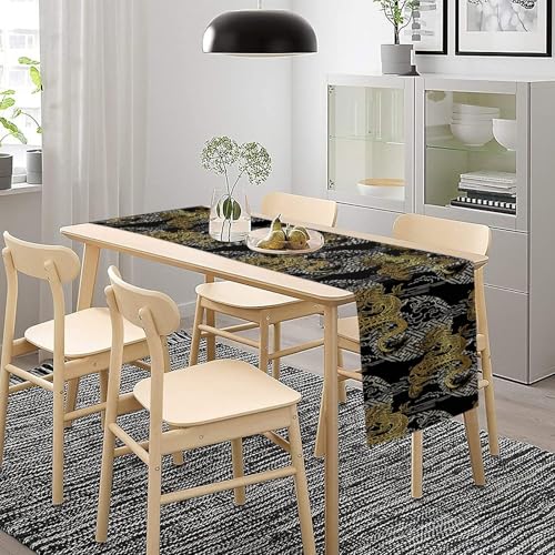 Chinese Dragon Table Runner, Black Gold Chinese Oriental Art Farmhouse Linen Table Runner for Coffee Table Kitchen Dining Wedding Party Holiday 13x36in - color: Aisa-4, size: 13x36in