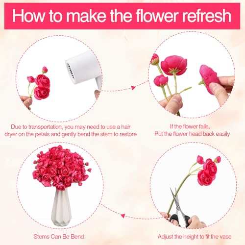 Giegxin 48 Pcs Ranunculus Artificial Flower,Real to Lifelike Peonies Artificial Flower Silk Faux DIY Bouquet for Wedding Bridal Shower Valentine Centerpieces Arrangements Home Decorations(Hot Pink) - color: Hot Pink