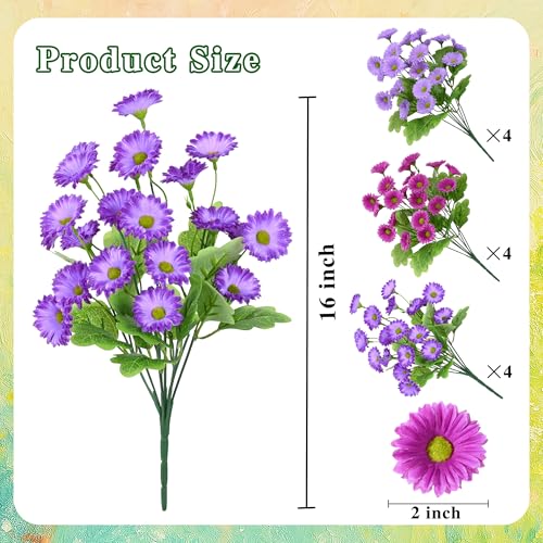 Waipfaru Artificial Flowers for Outdoors Faux Plants, UV Resistant Artificial Outdoor Flowers, Silk Daisy Realistic Fake Mums Flower for Front Porch Spring Home Planter Patio Decor, 12 Bundles, Mix - color: Purple, Fuchsia, Light Purple, size: 12 PCS