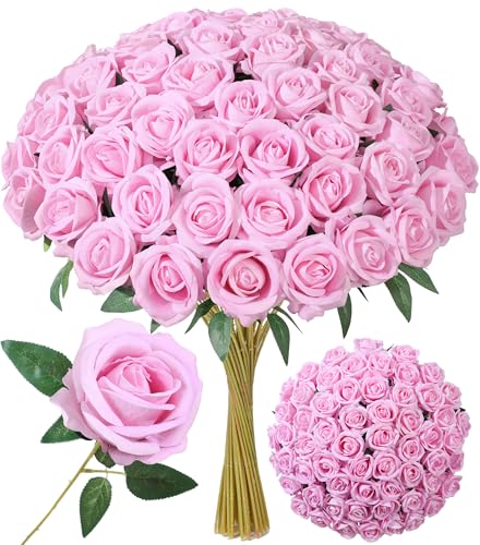 50 PCS Pink Roses Artificial Flowers, Real Looking Fake Roses with Long Stems Silk Flowers for DIY Wedding Bouquet Party Celebration Home Bridal Shower Decoration Valentine's Day Gift for Her Wife - color: Pink