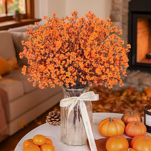 Der Rose 10Pcs Fake Fall Flowers Orange Baby Breath Artificial Flowers Real Silk Floral Arrangement Stems for Thanksgiving Table Centerpieces Home Kitchen Mantle Porch Outdoor Decorations - size: 10-Orange Baby Breath