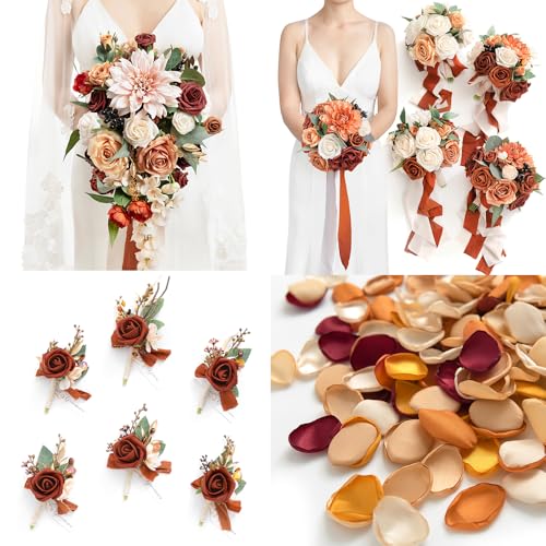 Ling's moment Wedding Artificial Flowers Package, Bridal Bouquet, Bridesmaid Bouquets, Boutonniere for Men, Rose Petals.Terracotta Orange - color: Or-terracotta & Orange