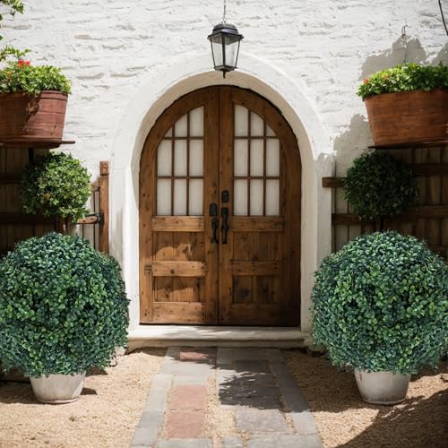 27.5" Artificial Boxwood Topiary Ball Tree with Ground Spike, Set of 2 Artificial Cedar Bushes, UV Resistant Faux Boxwoods Outdoor Plants Artificial for Porch Garden Front Porch Decor - size: Artificial Boxwood Topiary Ball Tree